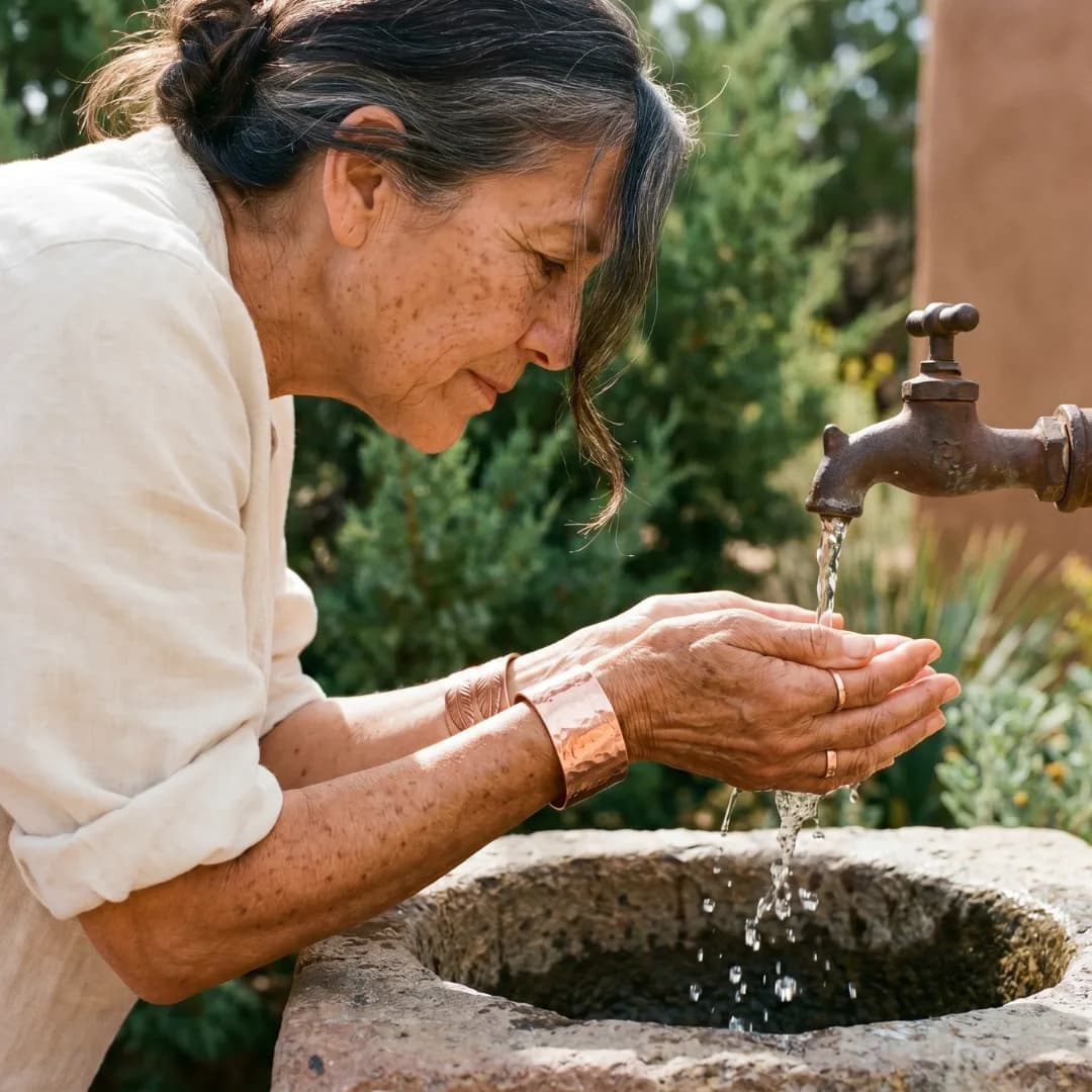 Woman drinking from a fountain while wearing handcrafted copper jewelry