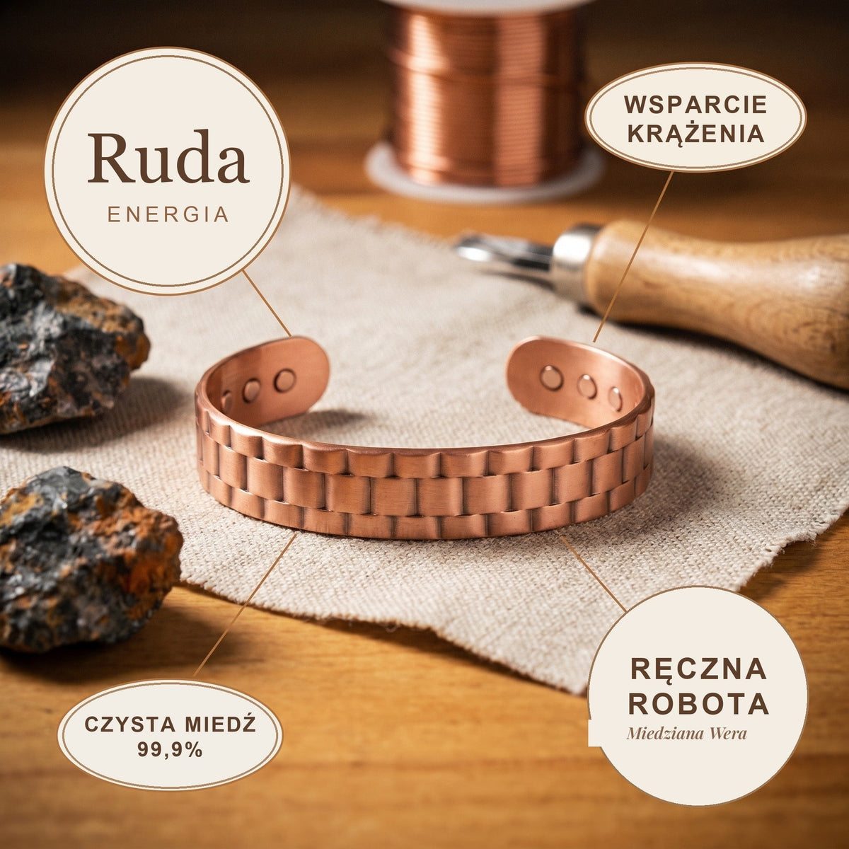 Bransoletka Miedziana Męska Ruda